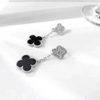 ??MIRA?¡¥CLOVER 2 MOTIFS  DIAMOND ONYX EARRINGS SILVER