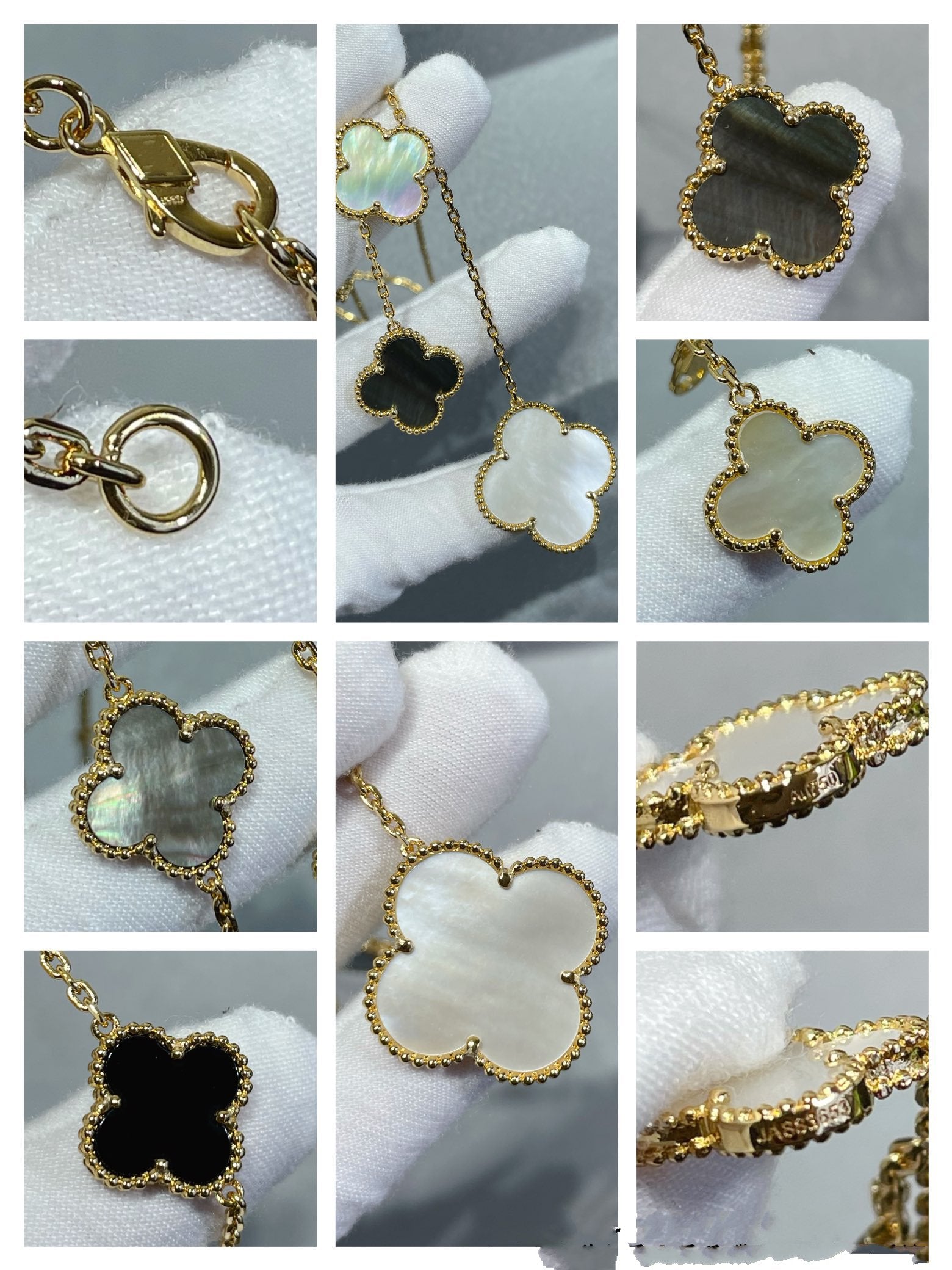 ??MIRA?¡¥CLOVER 6 MOTIF MOP ONYX GOLD NECKLACE