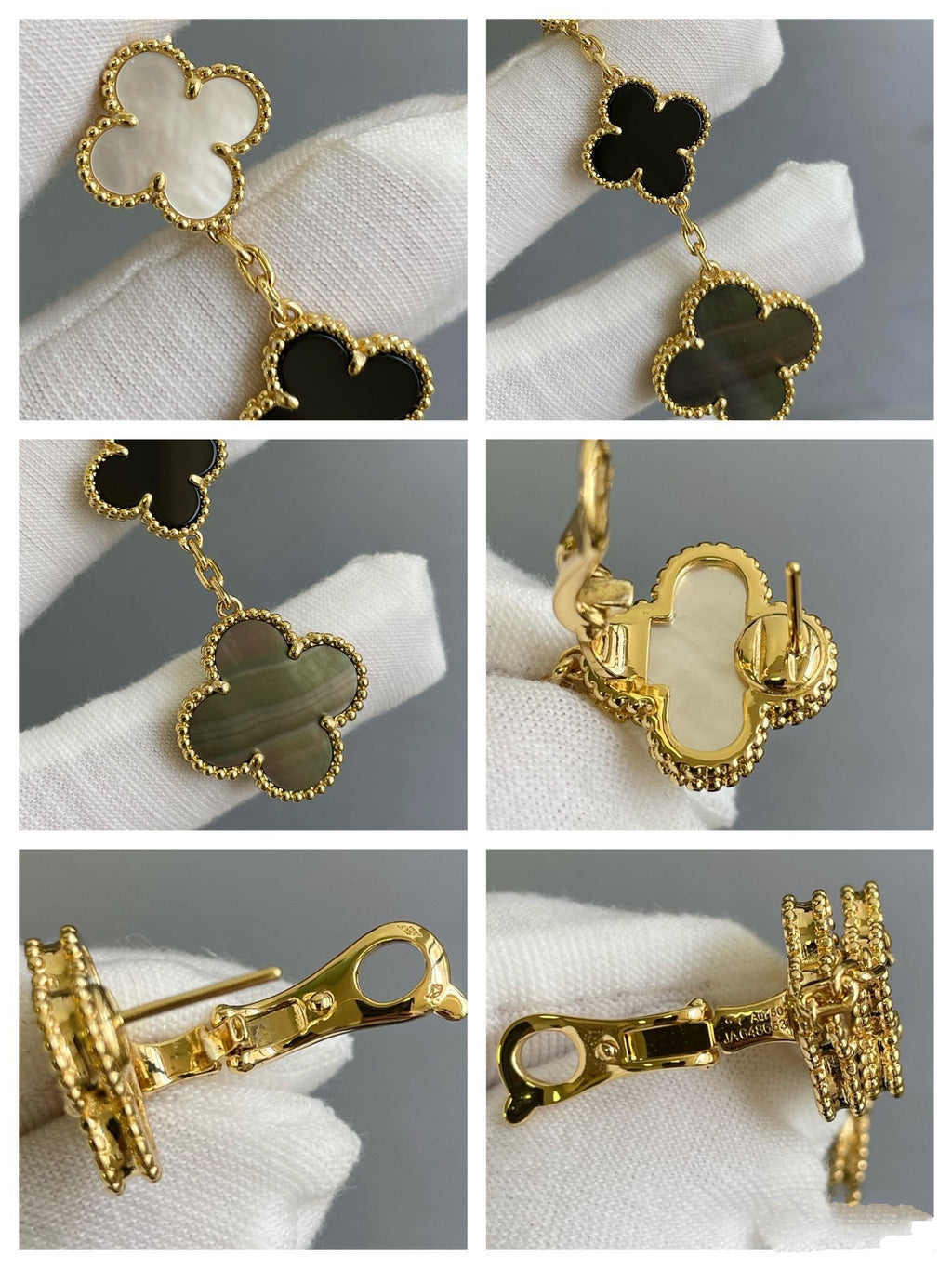 ??MIRA?¡¥CLOVER 3 MOTIF MOP ONYX DARK MOP PINK GOLD EARRINGS