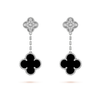??MIRA?¡¥CLOVER 2 MOTIFS  DIAMOND ONYX EARRINGS SILVER
