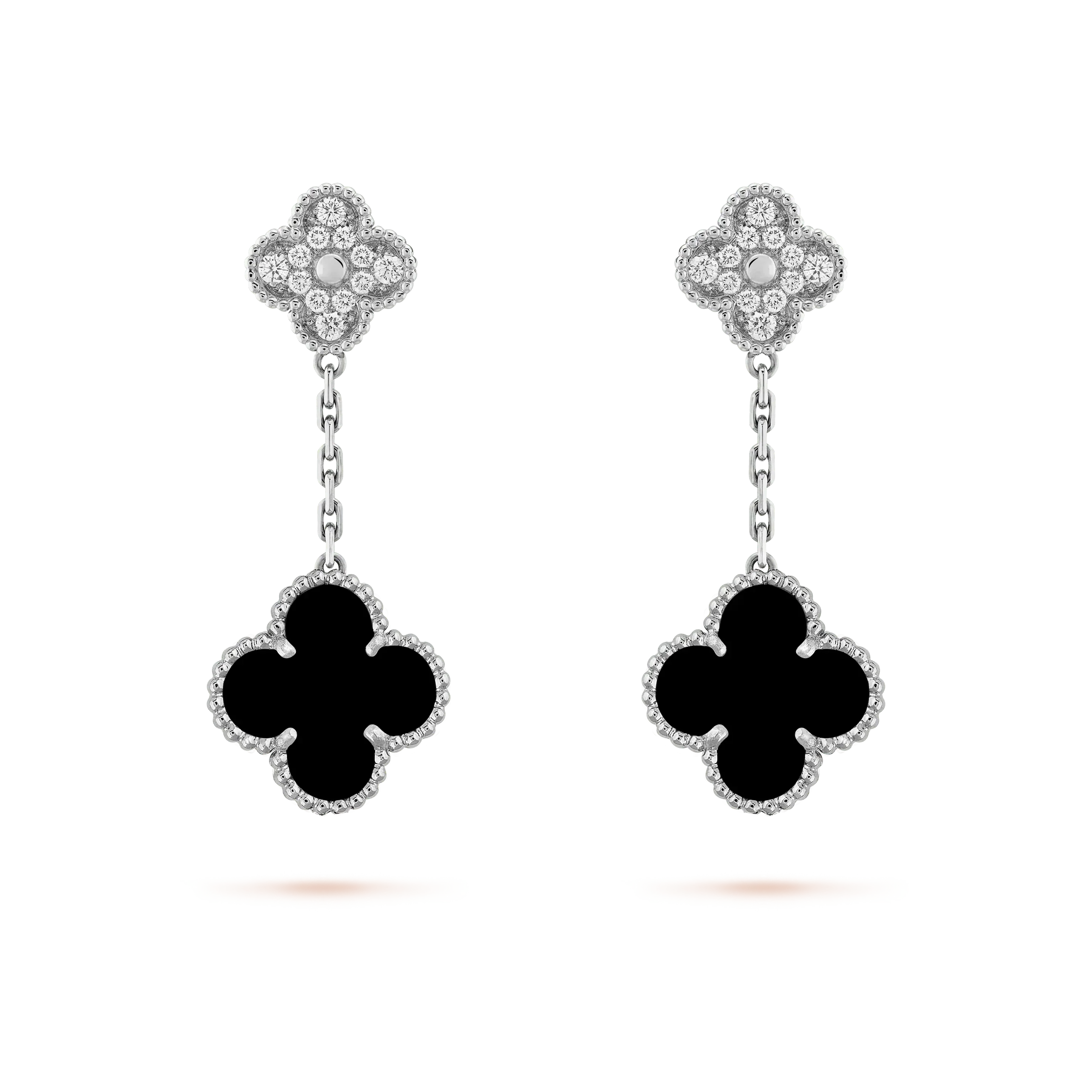 ??MIRA?¡¥CLOVER 2 MOTIFS  DIAMOND ONYX EARRINGS SILVER